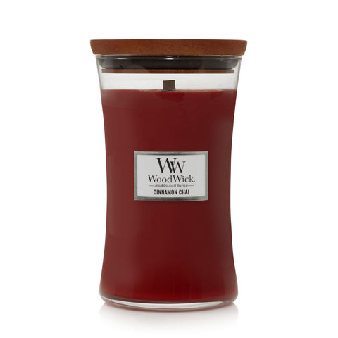 WoodWick Cinnamon Chai Large Hourglass Candle viewed front for warm ambience