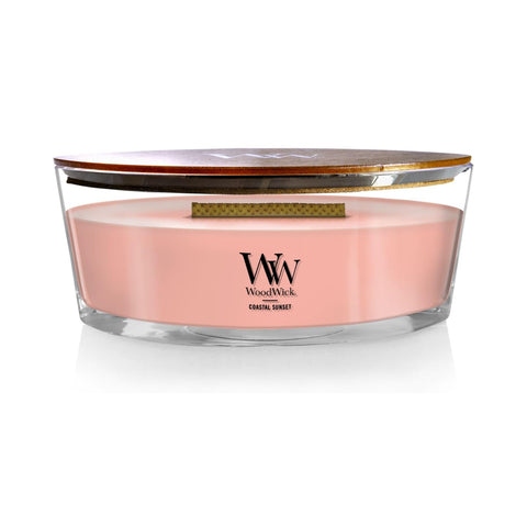 WoodWick Coastal Sunset Ellipse candle front view for cozy coastal ambiance.