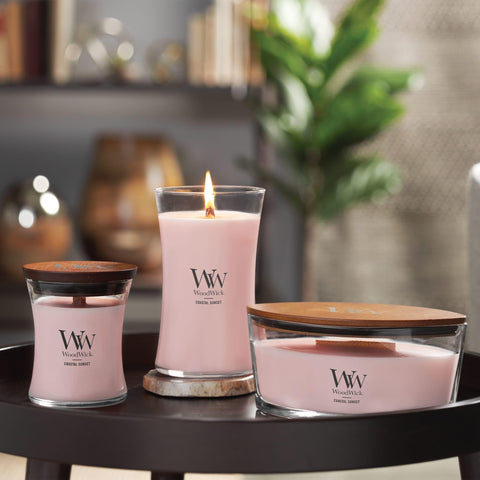 WoodWick Coastal Sunset Ellipse room decor on table elevates space.