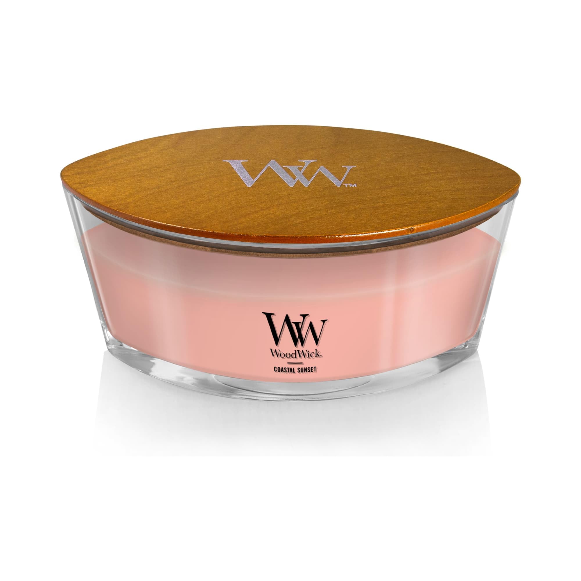 WoodWick Coastal Sunset Ellipse wax pool shows even burn for fragrance diffusion.