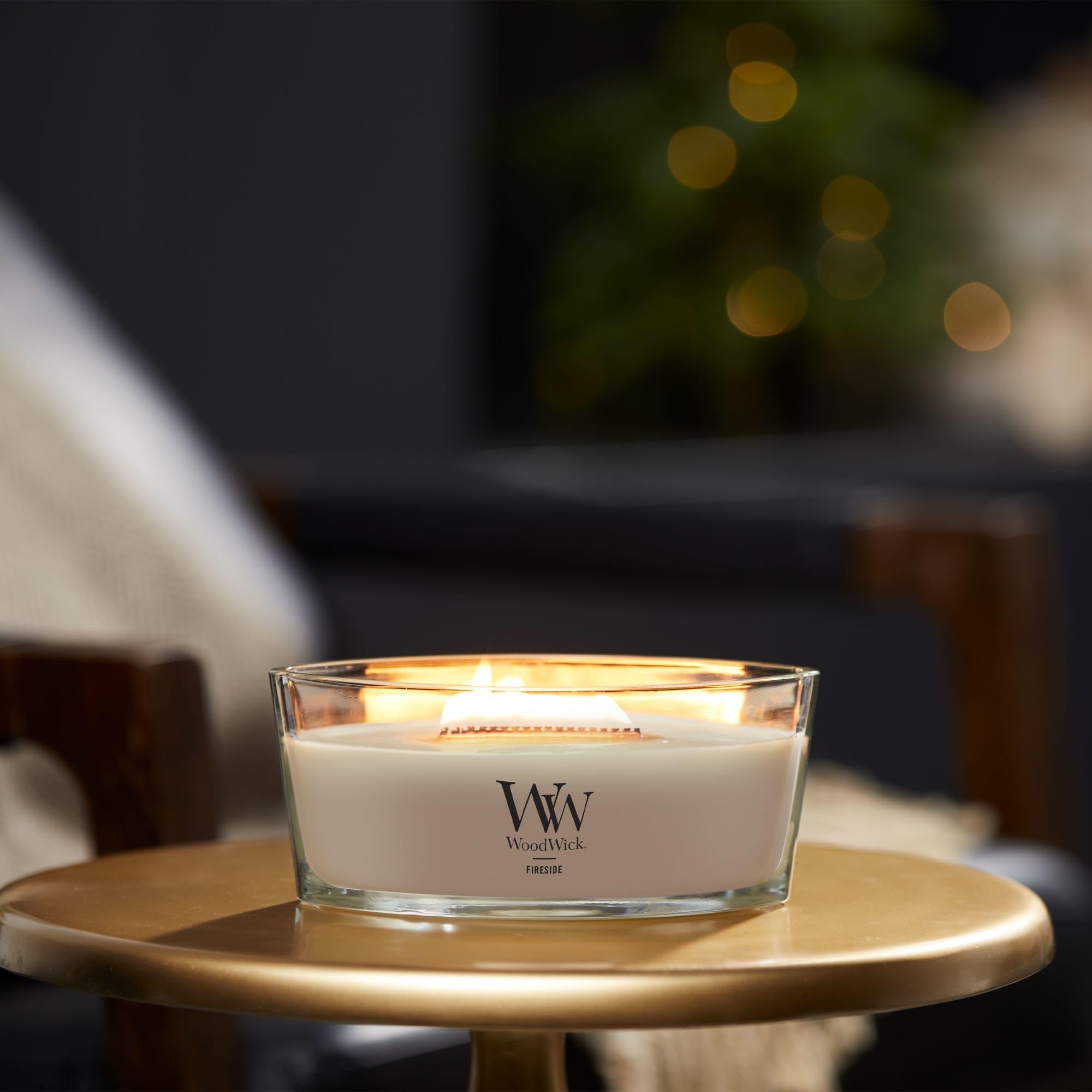 WoodWick crackling wick close-up for cozy fireplace ambience.