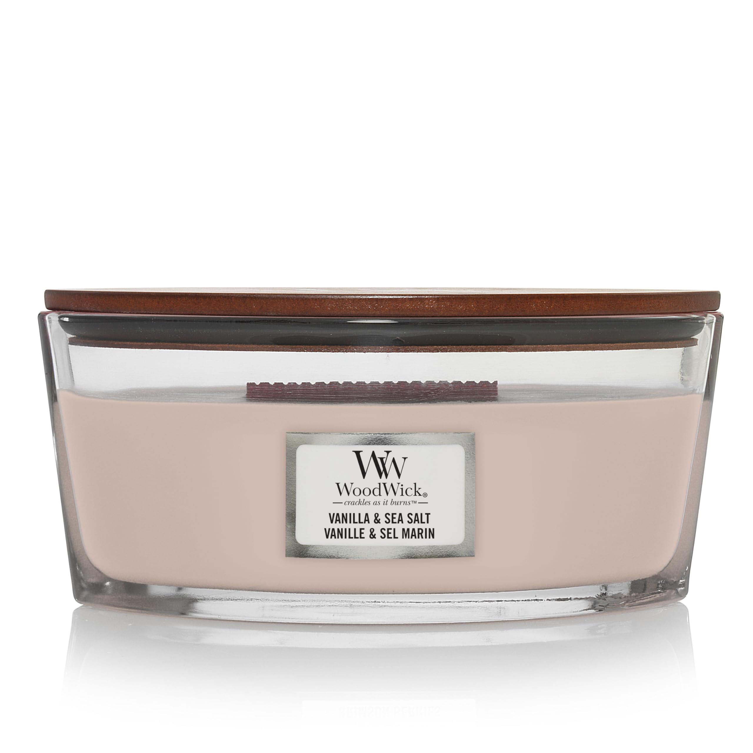 WoodWick Ellipse Candle with Vanilla & Sea Salt and Hearthwick Flame for cozy ambience.