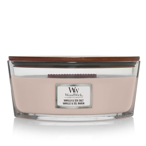 WoodWick Ellipse Candle with Vanilla & Sea Salt and Hearthwick Flame for cozy ambience.