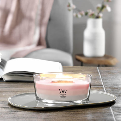WoodWick ellipse-vessel design emphasizes the unique shape and long-lasting fragrance throw.