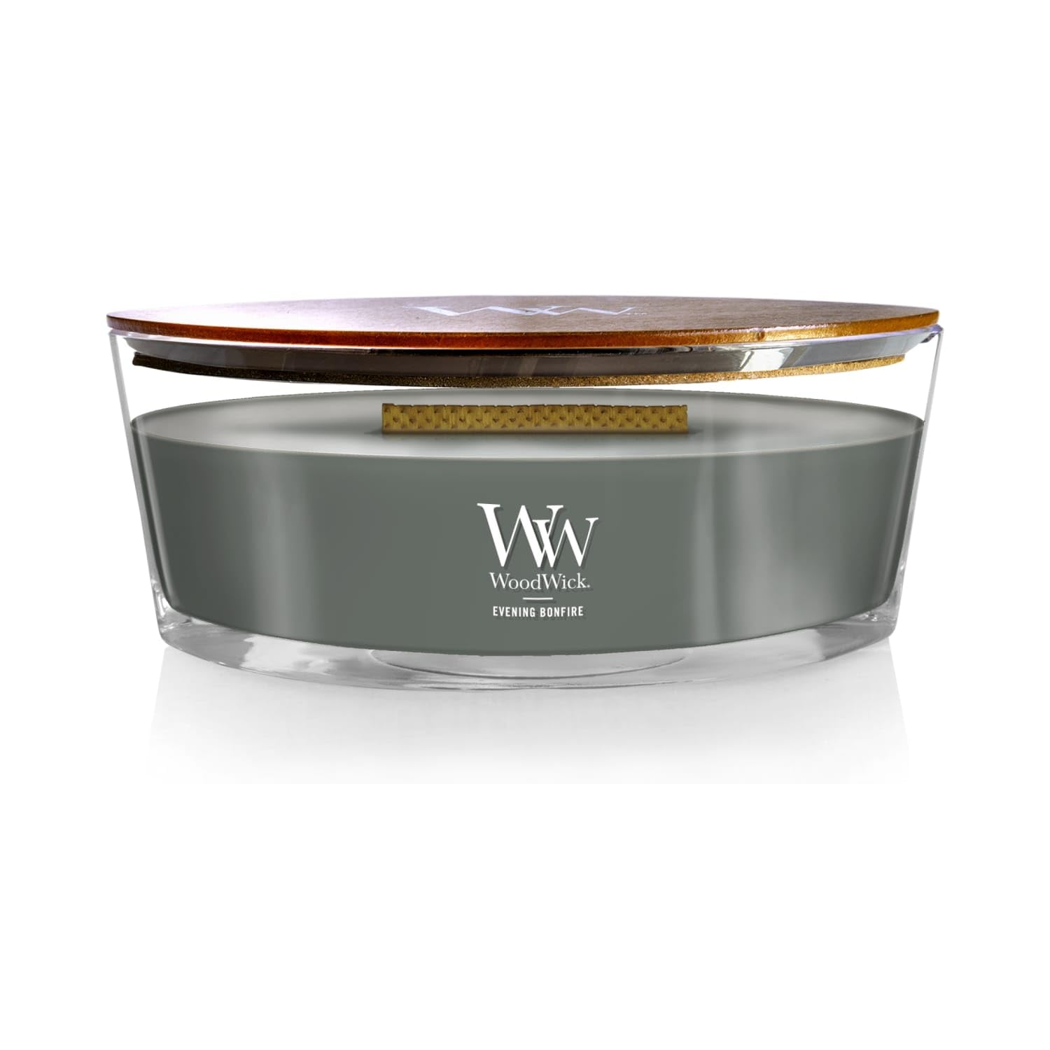 WoodWick Evening Bonfire ellipse candle with a large wax pool for stronger fragrance.