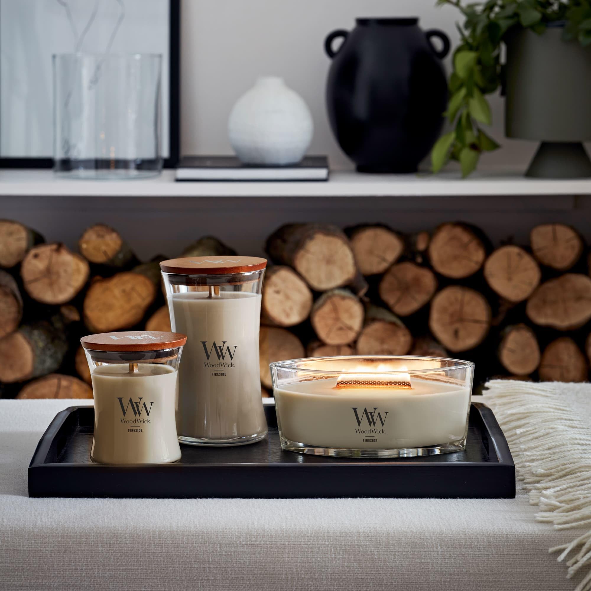 WoodWick long burn with Hearthwick flame for lasting ambience.