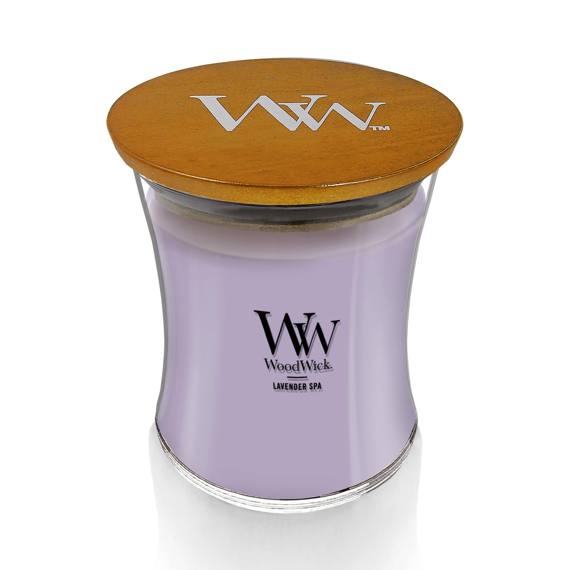 WoodWick hourglass candle shows burn time and steady aroma release.