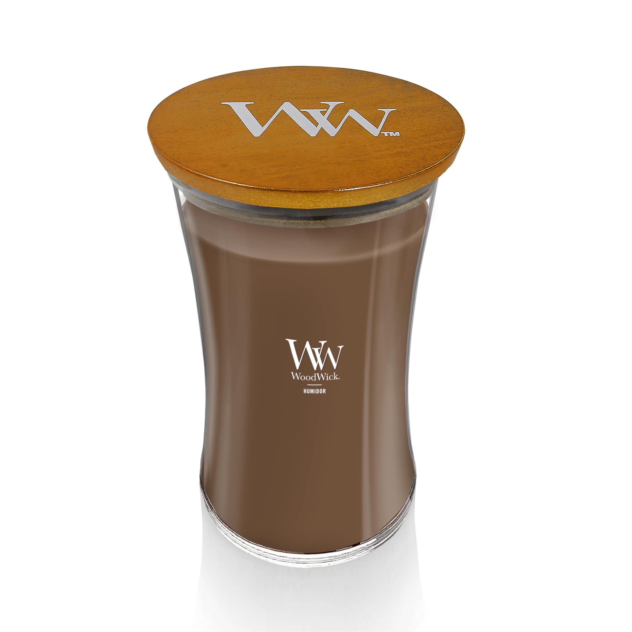 WoodWick hourglass candle featuring a wooden lid for elegant display