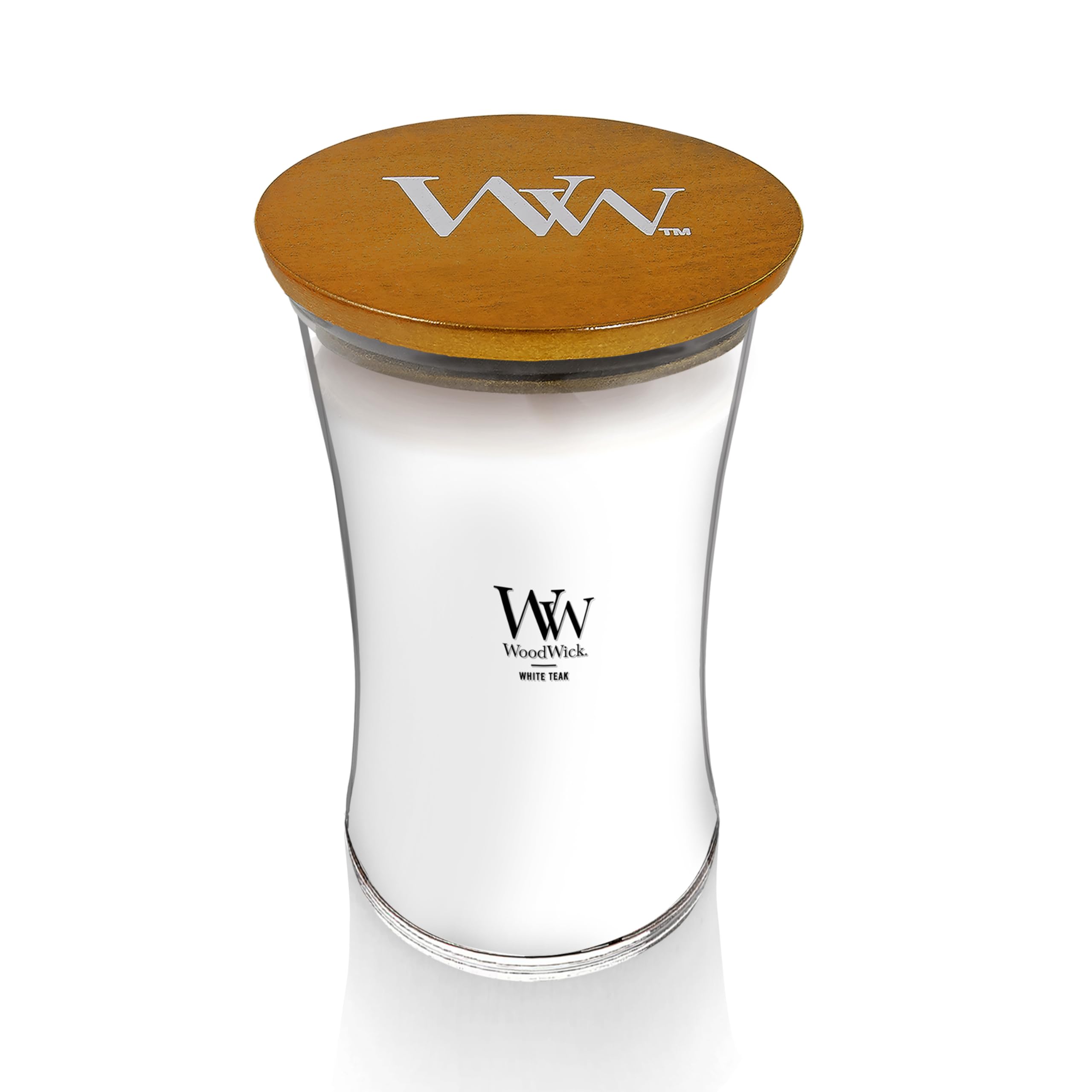 WoodWick hourglass jar with wooden lid adds rustic decor and keeps wax covered.