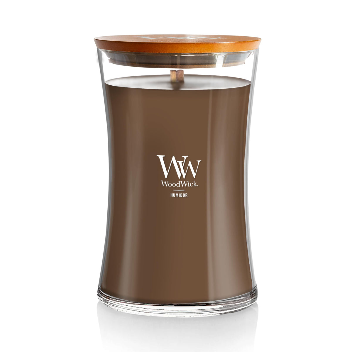 WoodWick Humidor hourglass candle with crackling wick for cozy evenings