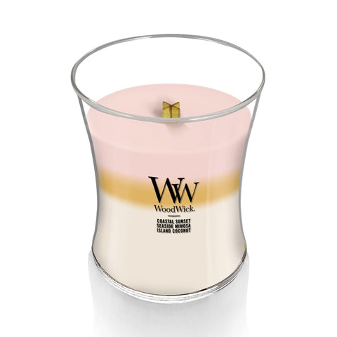 WoodWick Island Getaway with crackling wick creates cozy ambience and soothing crackle for evenings.
