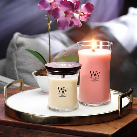 WoodWick large hourglass candle wooden lid as a decor accent.