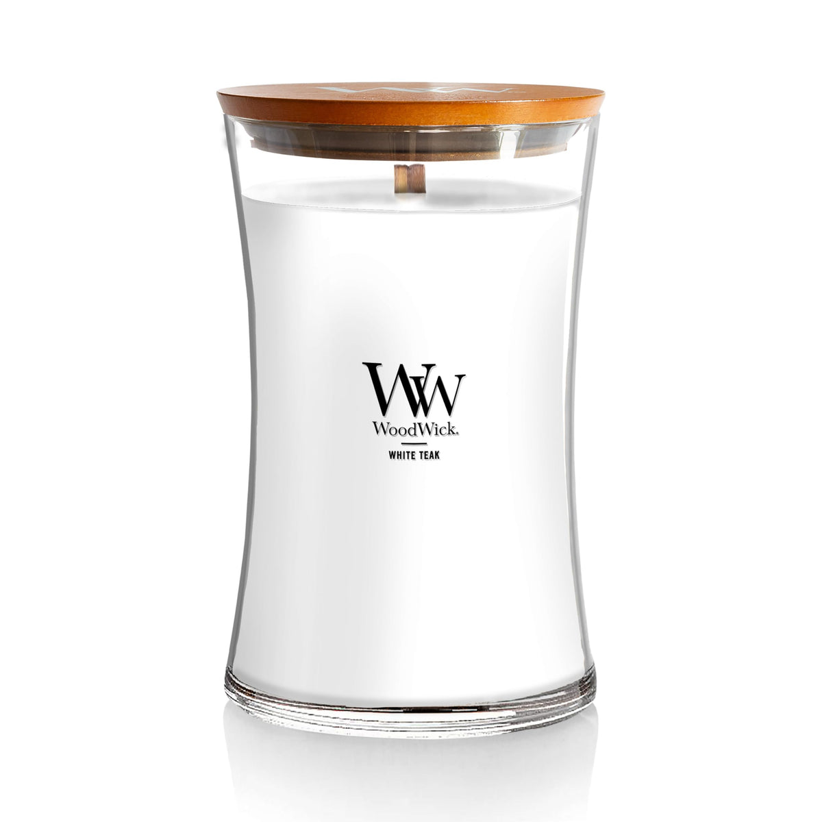 WoodWick Large Hourglass Candle in White Teak offers refined ambiance with an elegant hourglass jar.