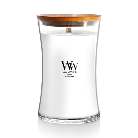 WoodWick Large Hourglass Candle in White Teak offers refined ambiance with an elegant hourglass jar.