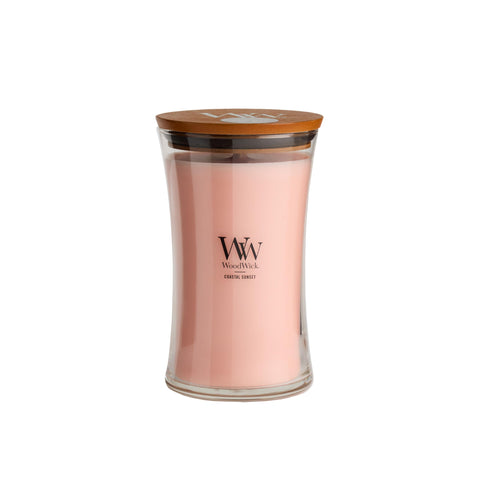 WoodWick large hourglass coastal sunset candle glows warmly for cozy evenings.