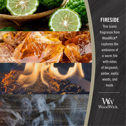 WoodWick large hourglass fireside candle crackling wick creates cozy ambiance.