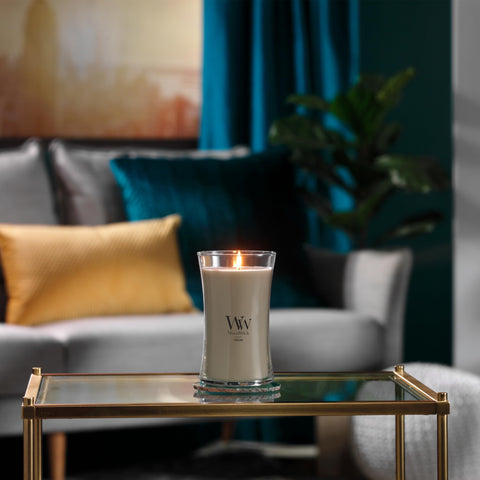 WoodWick large hourglass fireside candle hourglass design adds elegant decor touch.