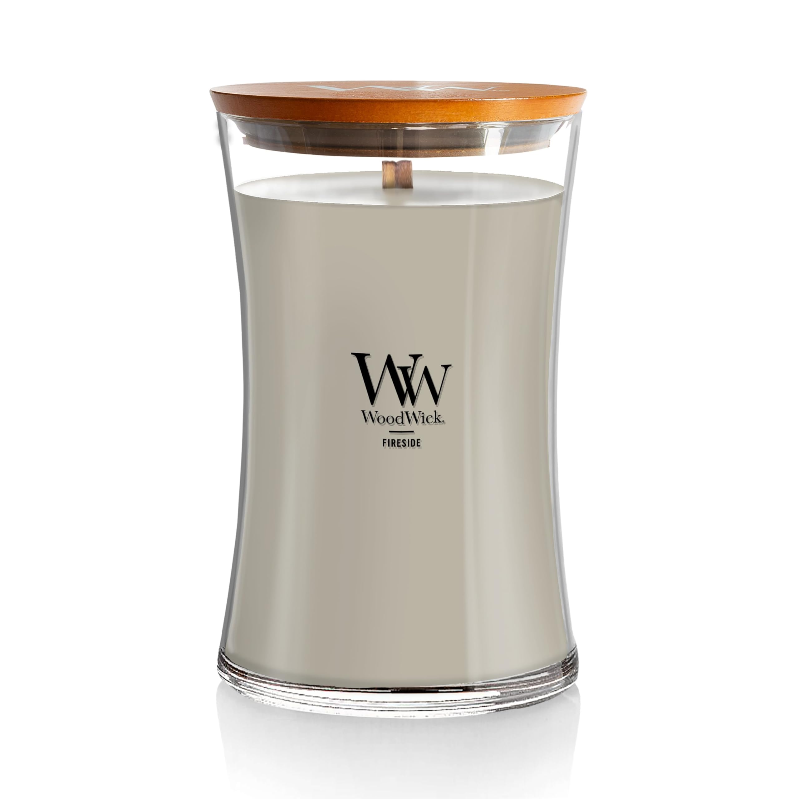 WoodWick large hourglass fireside candle label enhances premium gifting appeal.
