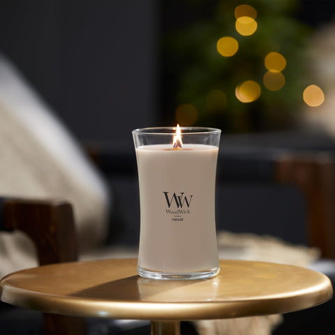 WoodWick large hourglass fireside candle wax burn promotes clean, even fragrance release.