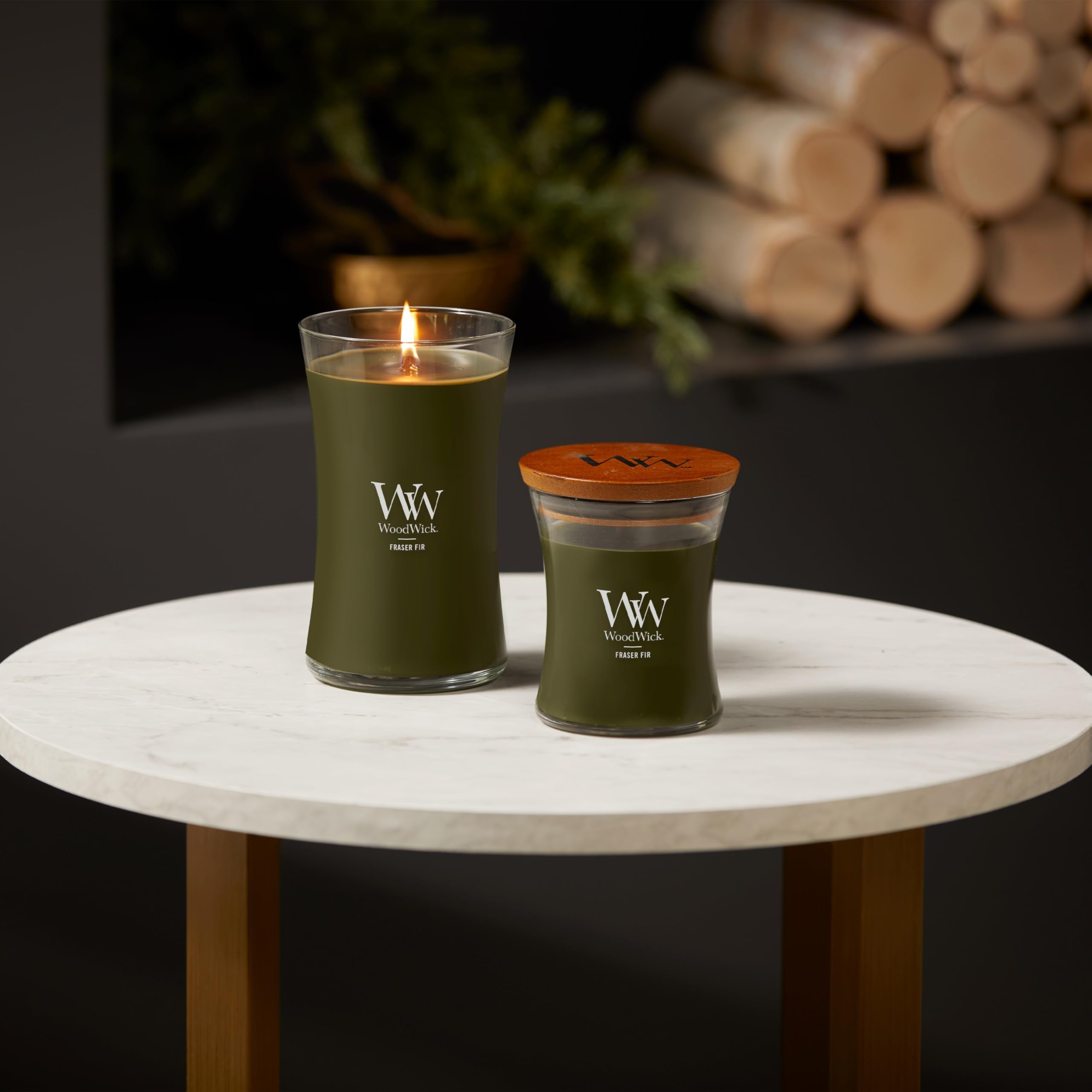 WoodWick Large Hourglass Fraser Fir candle glow for warm evenings
