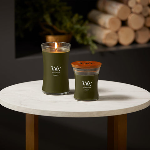 WoodWick Large Hourglass Fraser Fir candle glow for warm evenings