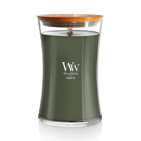 WoodWick Large Hourglass Fraser Fir front view; cozy ambiance and premium design