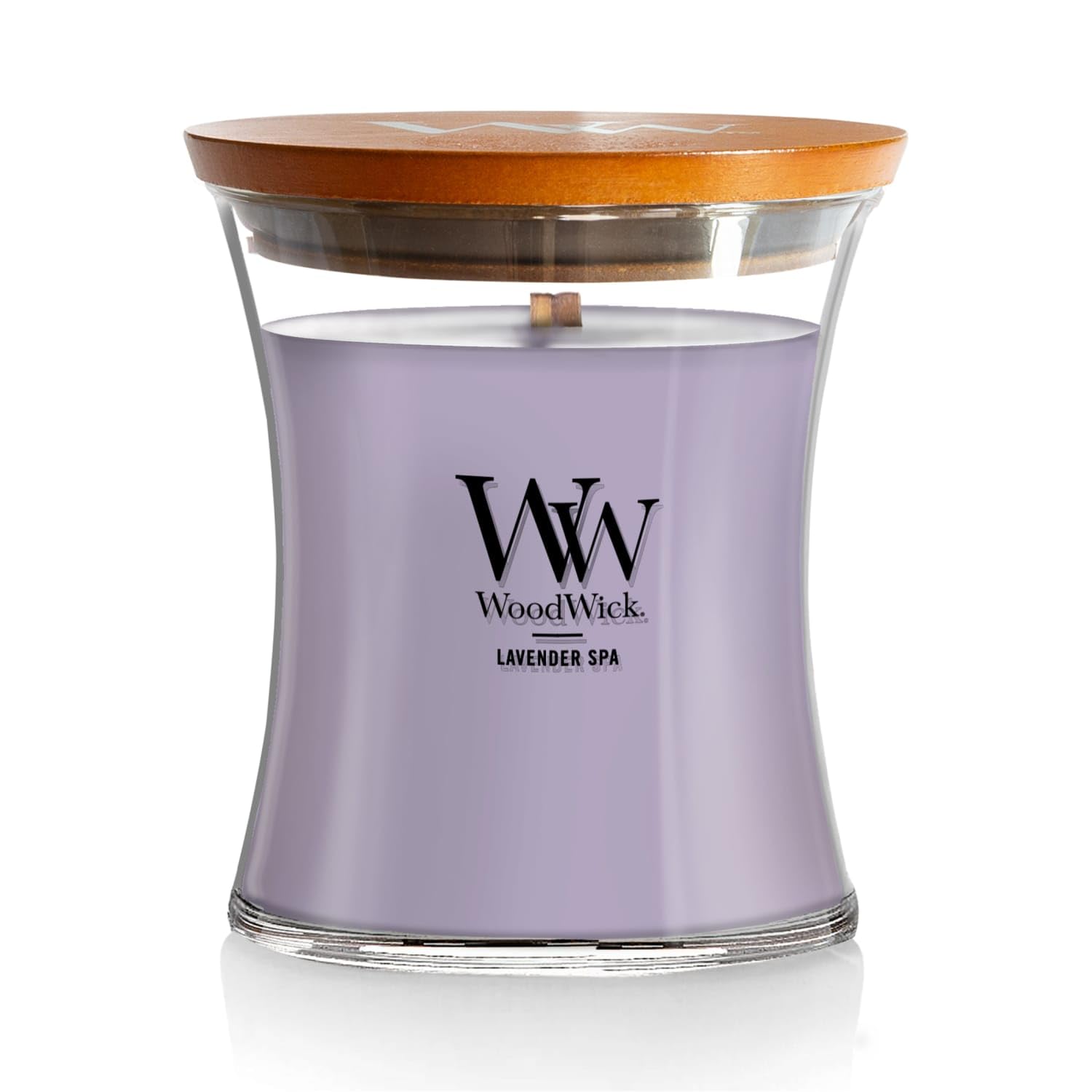 WoodWick lavender-eucalyptus crackling-wick candle for spa-like relaxation.