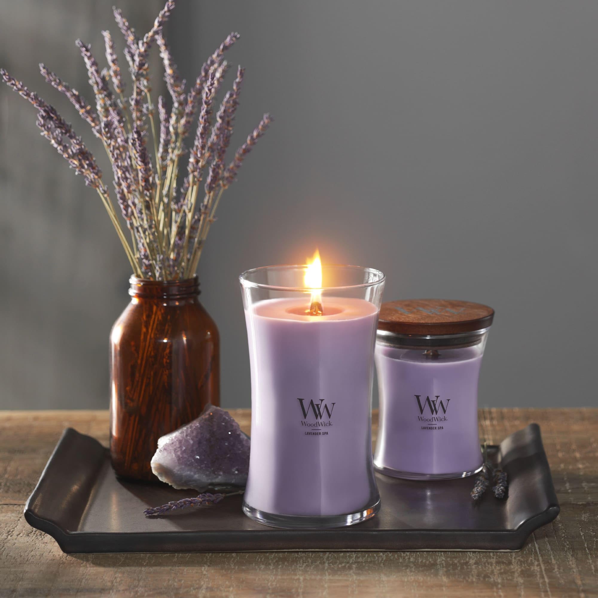 WoodWick Lavender Spa candle lid and jar highlight sleek craft for living spaces.