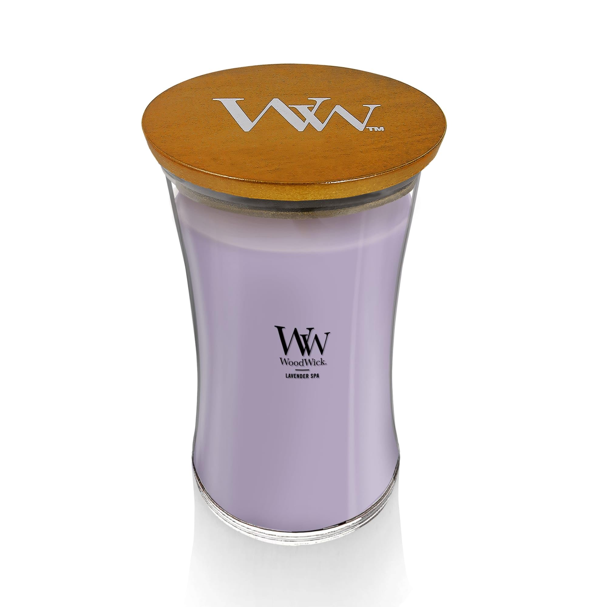 WoodWick Lavender Spa candle wick crackling close-up captures cozy fireplace ambiance.