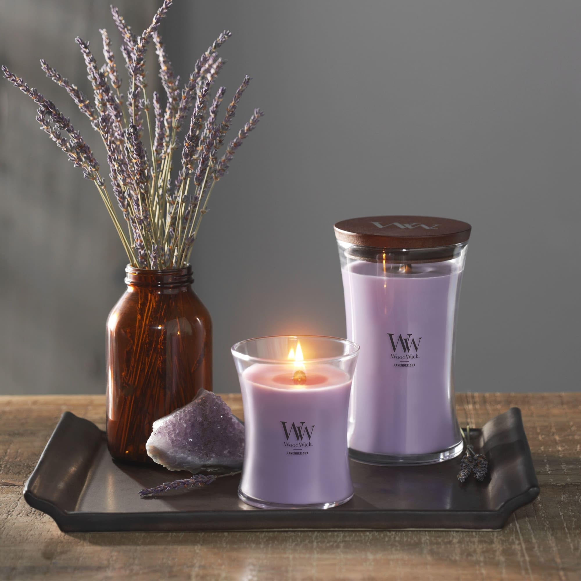 WoodWick Lavender Spa fragrance close-up emphasizes lavender and eucalyptus blend.