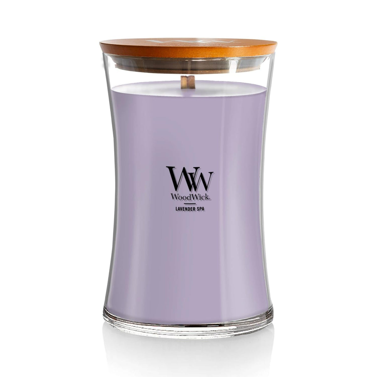 WoodWick Lavender Spa hourglass candle front view highlights premium aroma for relaxation.