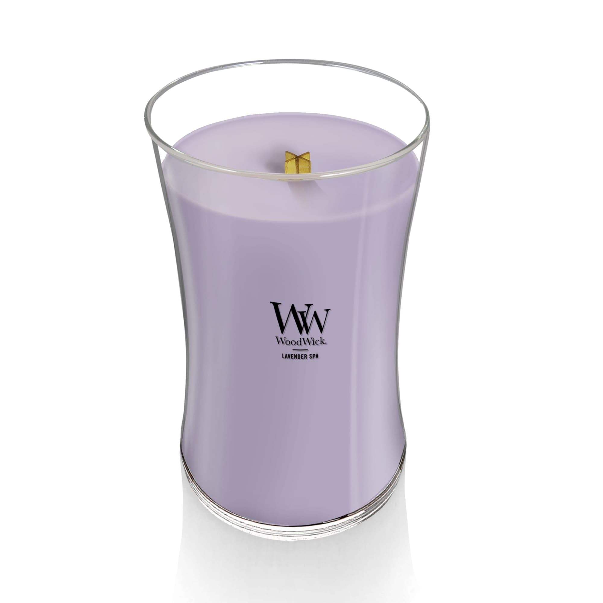 WoodWick Lavender Spa jar detail showcases large hourglass design as statement decor.