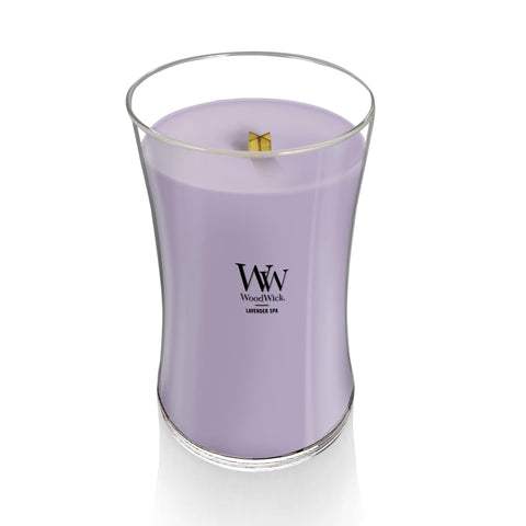 WoodWick Lavender Spa jar detail showcases large hourglass design as statement decor.
