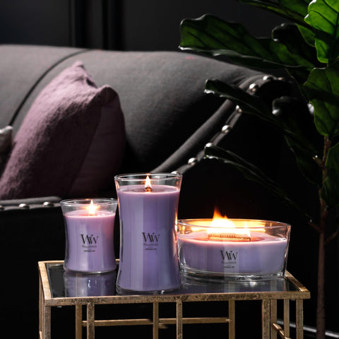 WoodWick Lavender Spa candle in home setting suitable for bedside or bath for calm.