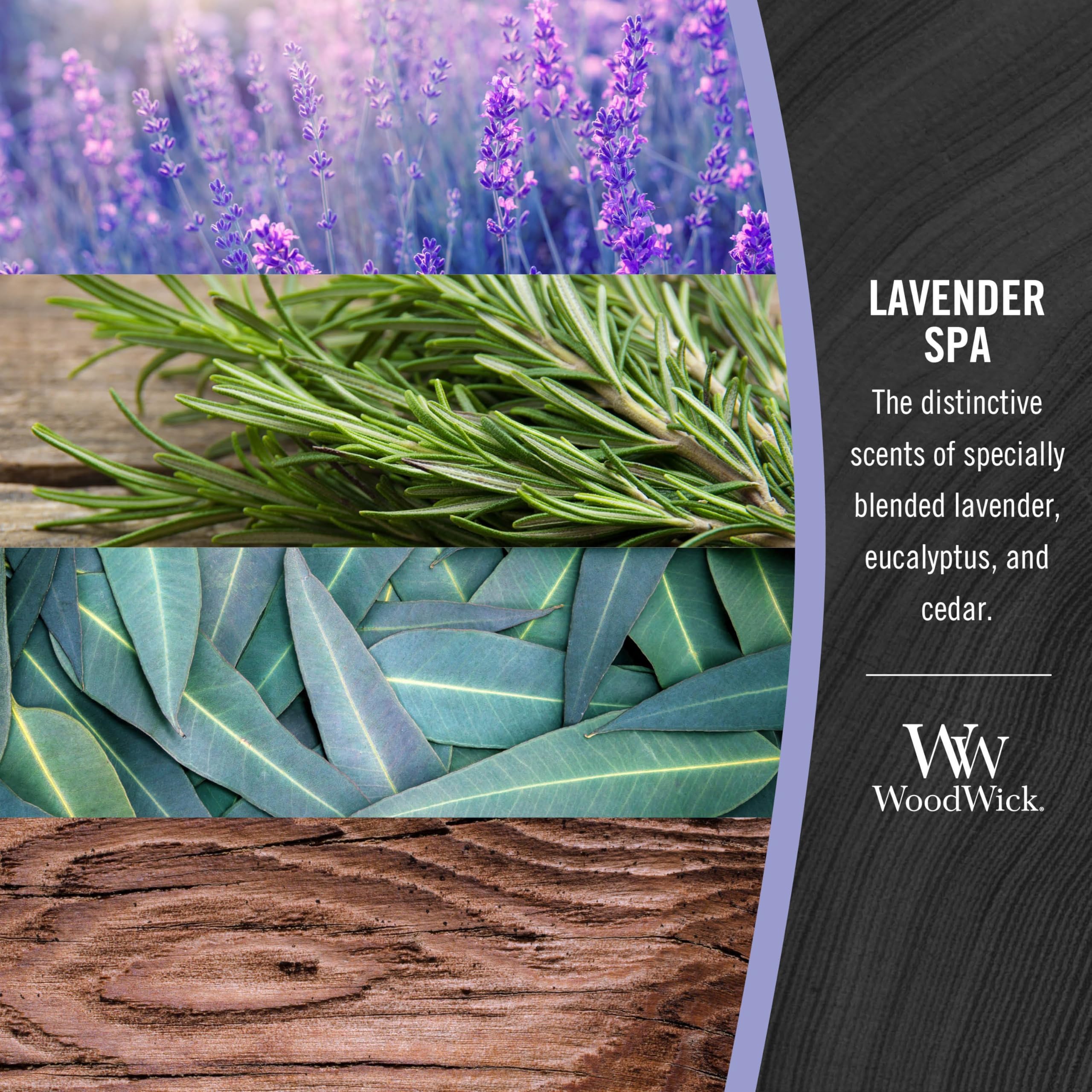 WoodWick lavender spa candle evokes tranquil home spa moments.
