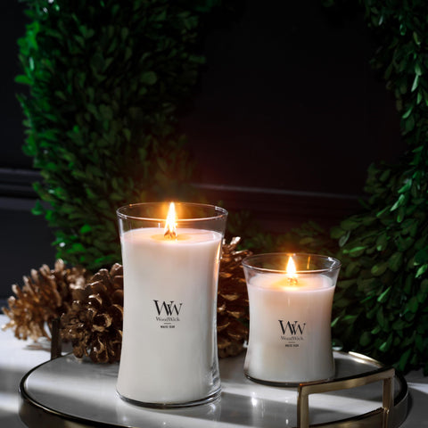 WoodWick long burn time extends fragrance and warmth for gatherings.