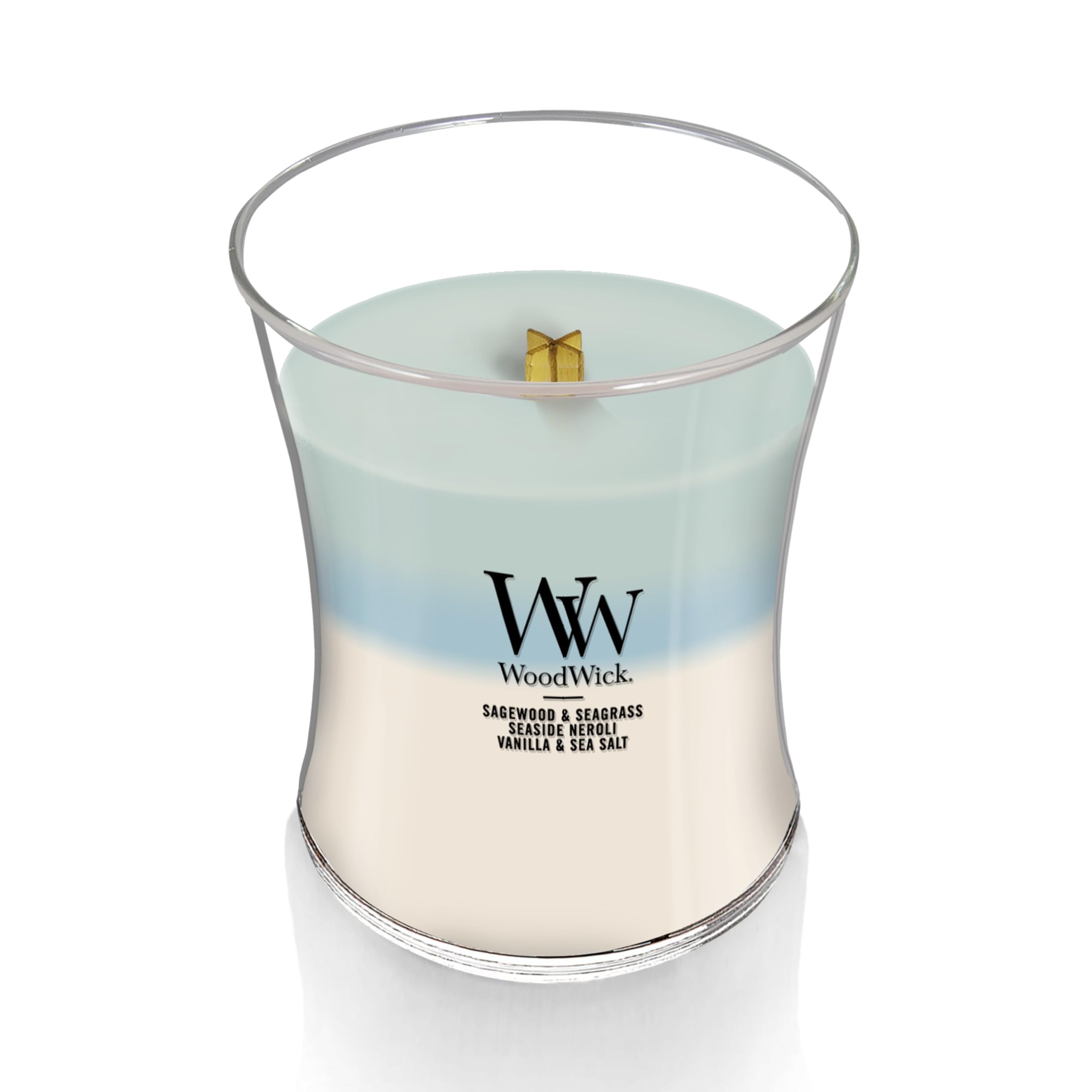 WoodWick Oceanic Trilogy hourglass candle 9.7oz design fits modern home decor.