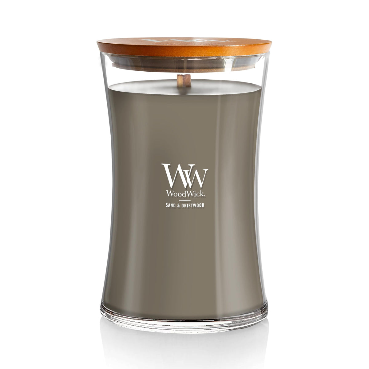 WoodWick Sand & Driftwood 21oz hourglass candle with crackling wooden wick.
