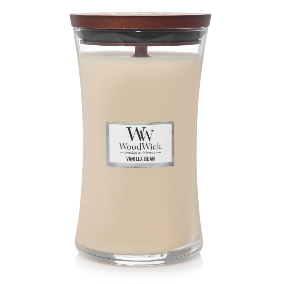 WoodWick Vanilla Bean glass jar front for a warm room aroma