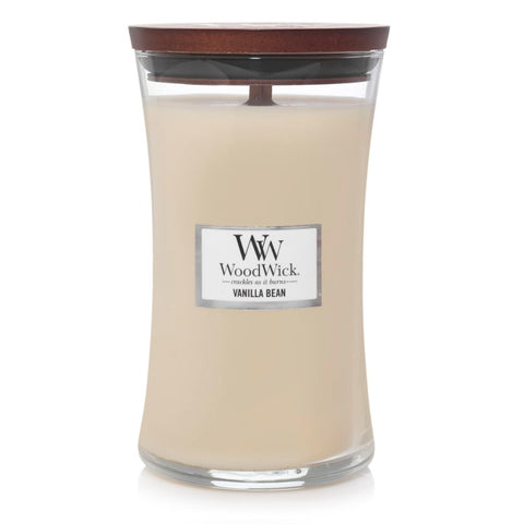 WoodWick Vanilla Bean glass jar front for a warm room aroma