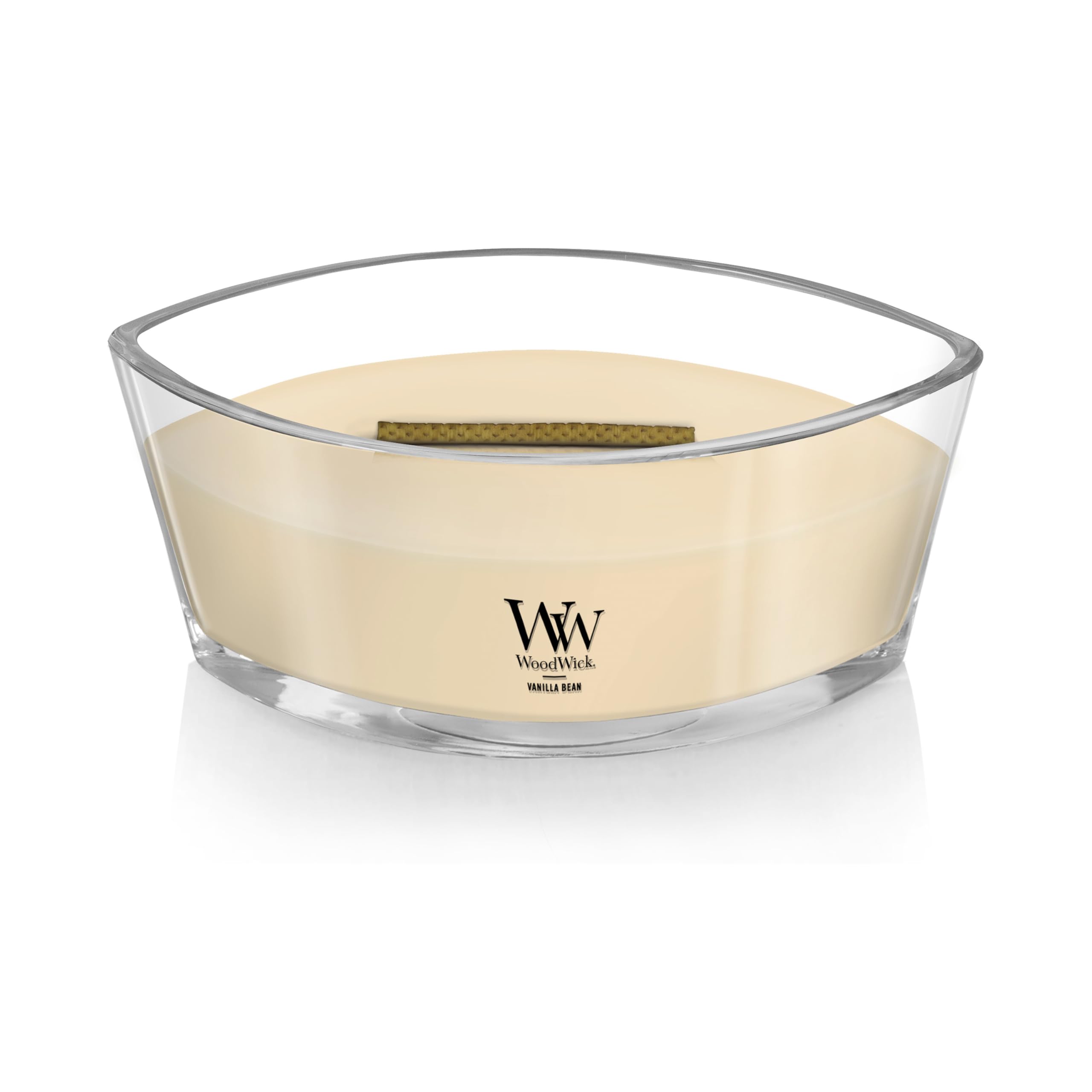 WoodWick Vanilla Bean Candle closeup shows rich wax and fragrant notes for home fragrance.