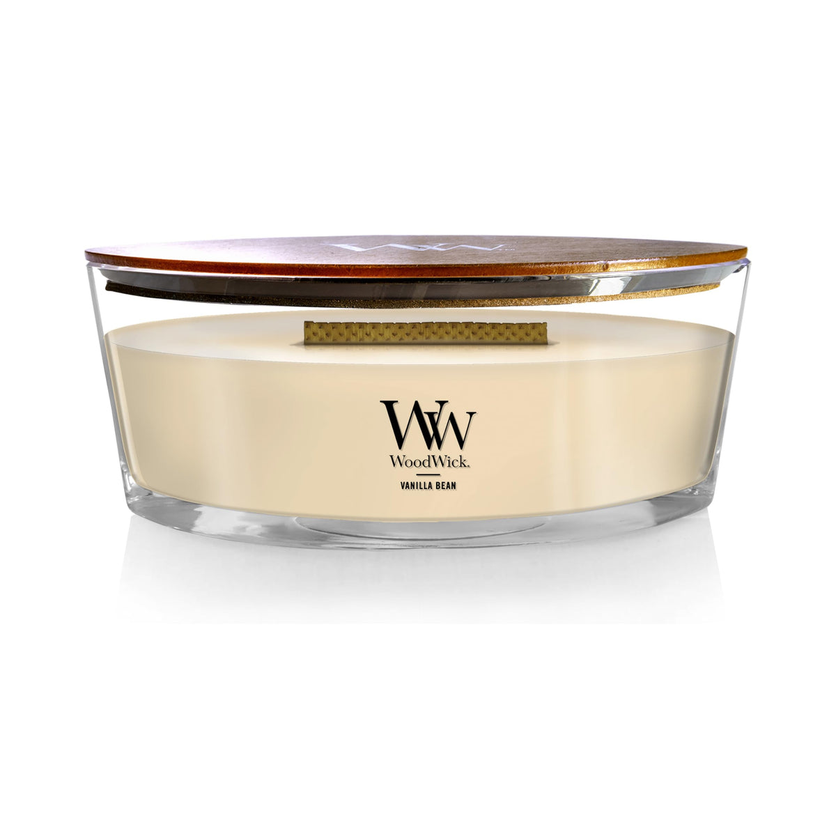WoodWick Vanilla Bean Holiday Candle label image showcases elegant branding and premium scent.