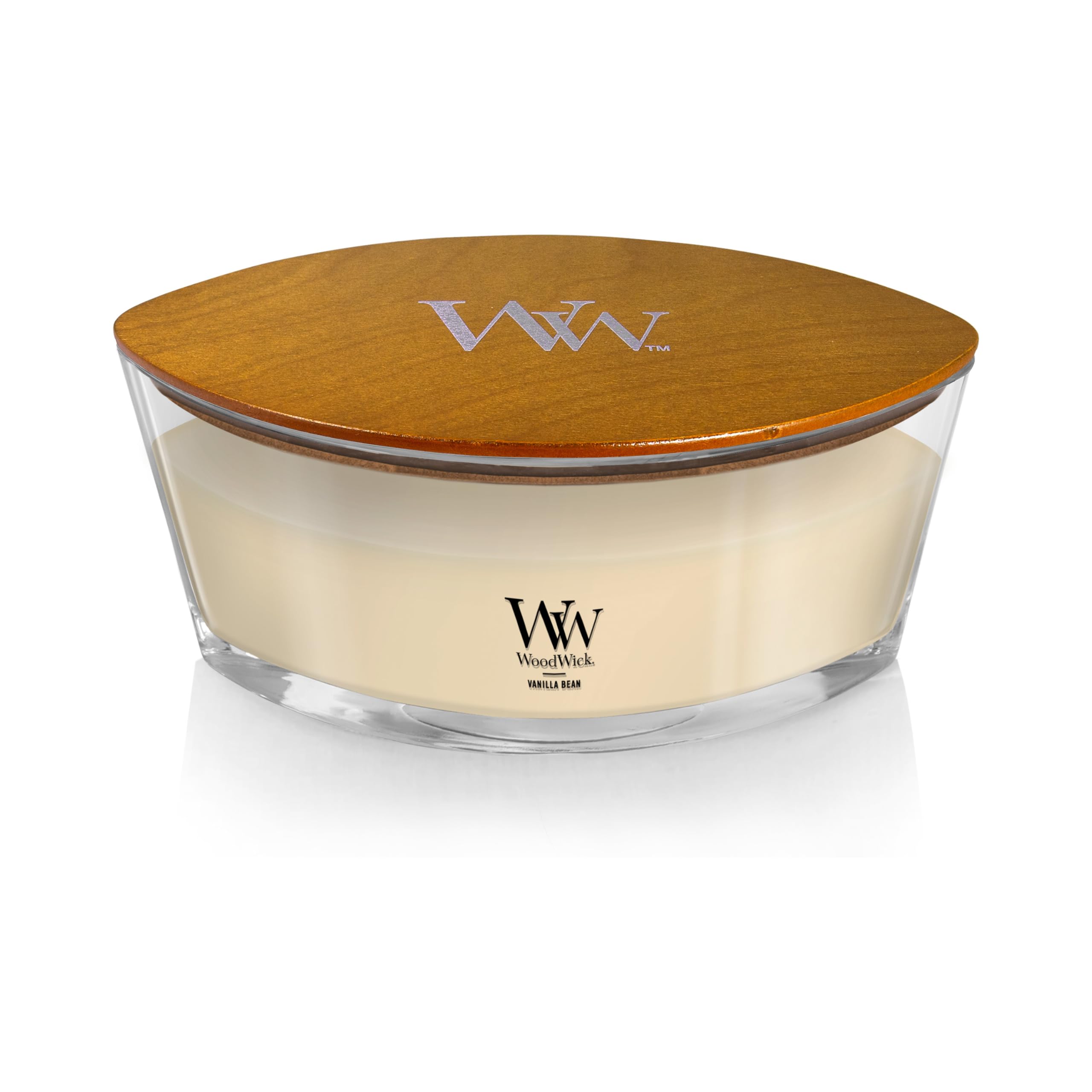 WoodWick Vanilla Bean Candle wick image highlights the crackling Hearthwick flame for cozy evenings.