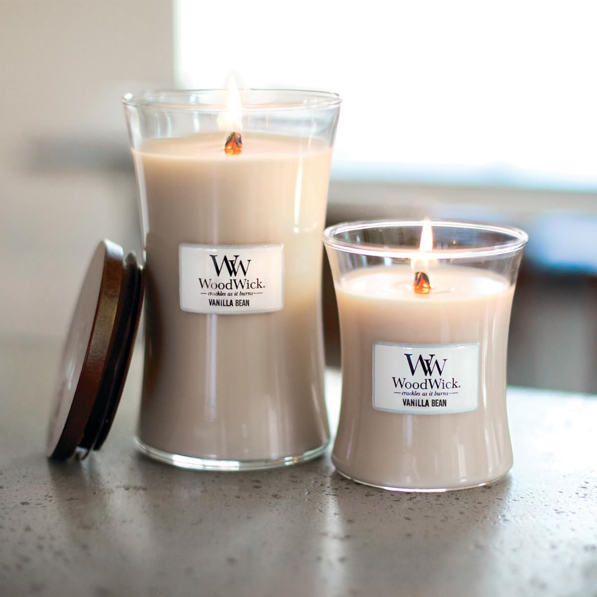 WoodWick Vanilla Bean label detail emphasizing craftsmanship