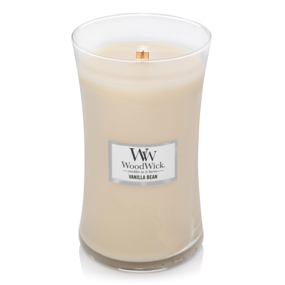 WoodWick Vanilla Bean wick burning for cozy ambiance