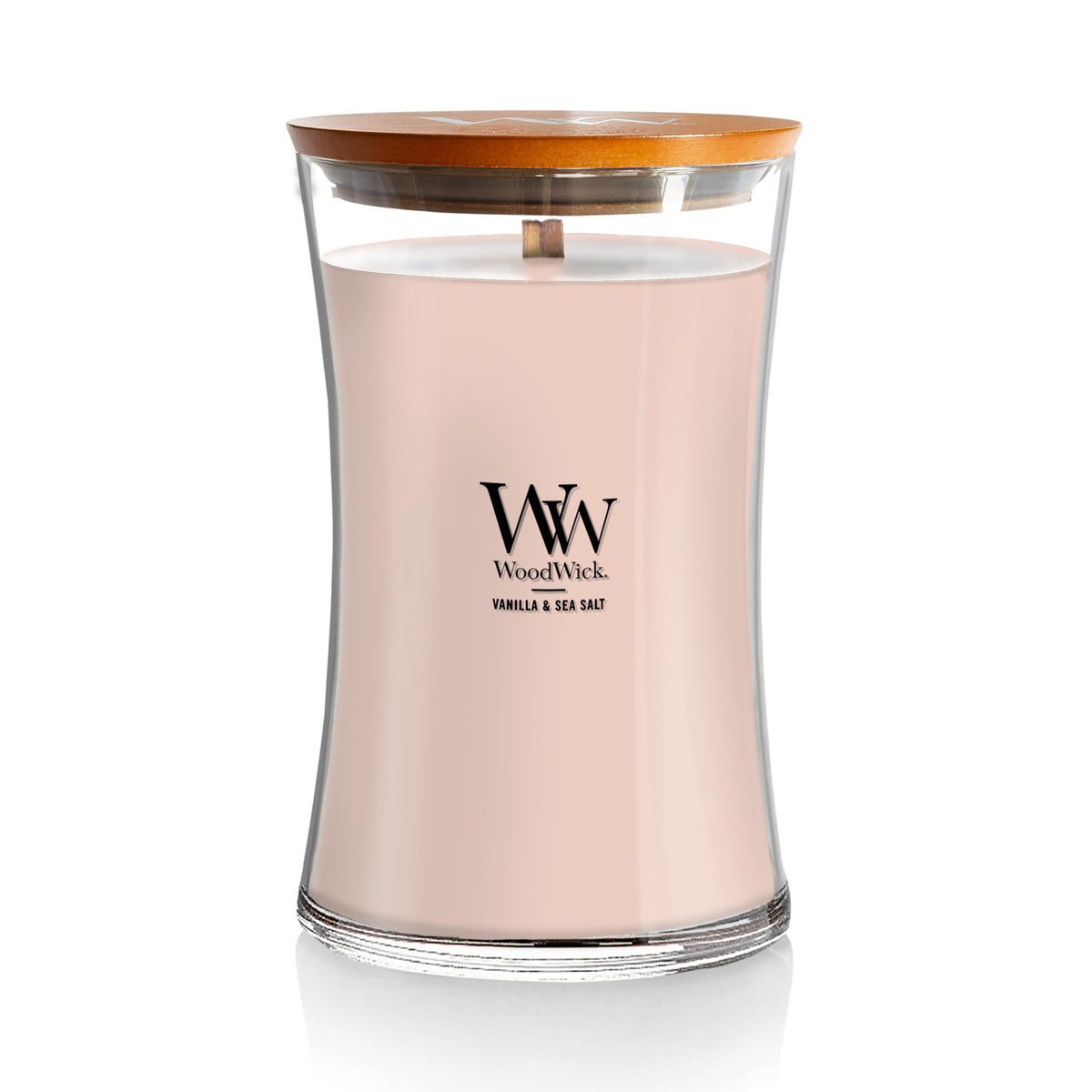 WoodWick Vanilla Sea Salt hourglass candle front view adds elegance to living spaces.