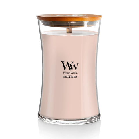 WoodWick Vanilla Sea Salt hourglass candle front view adds elegance to living spaces.