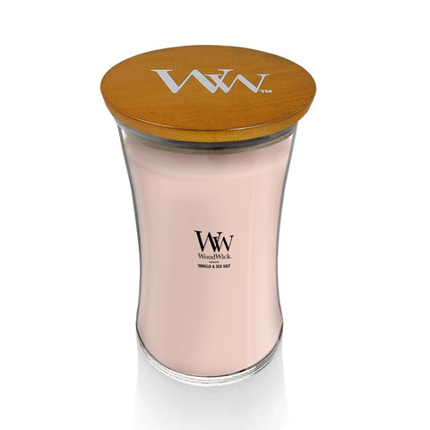 WoodWick Vanilla Sea Salt wax closeup shows premium soy-paraffin blend for clean burn.