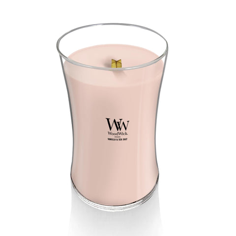 WoodWick Vanilla Sea Salt wick crackling closeup signals cozy ambience and comforting glow.
