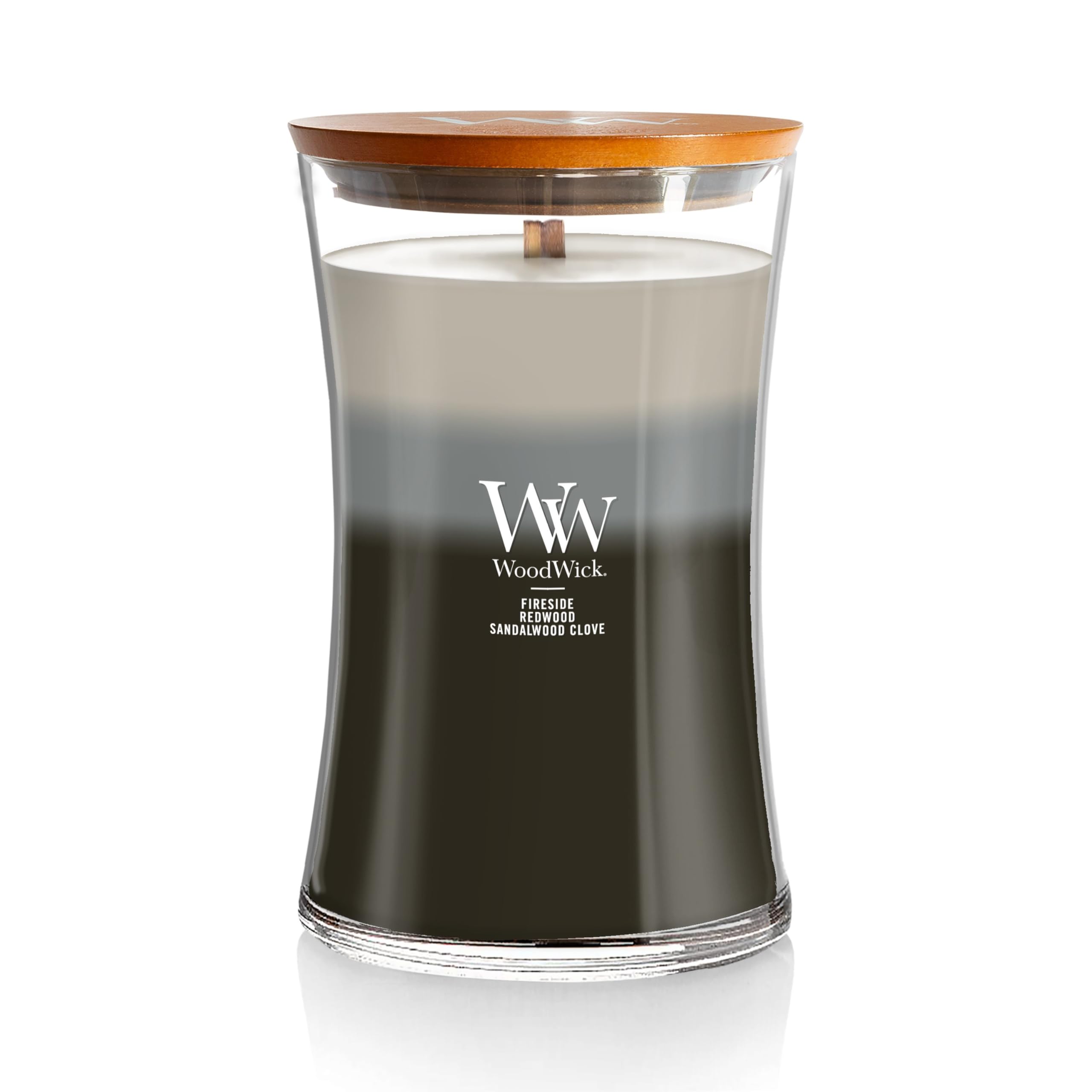 WoodWick Warm Woods Trilogy hourglass candle with crackling wick and layered scents